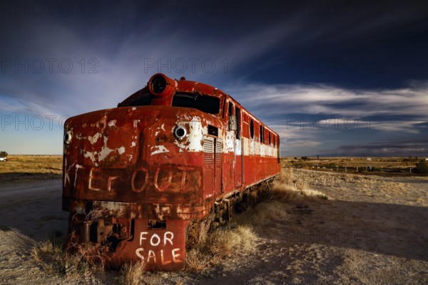Rusty Old Ghan locomotive in the Australian outback for sale, Marree, South Australia, Australia