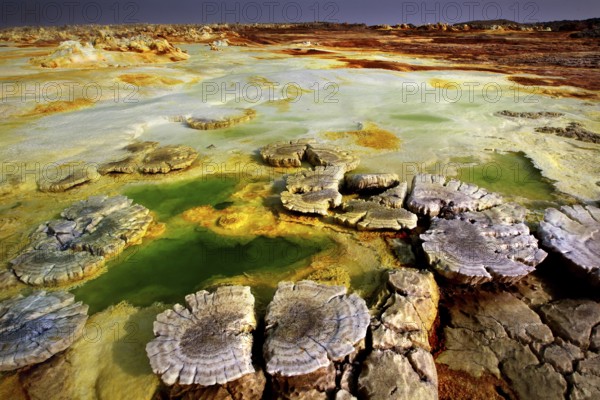 Mystical crater landscape in Dallol with vivid green water basins, Dallol, Afar region, Ethiopia