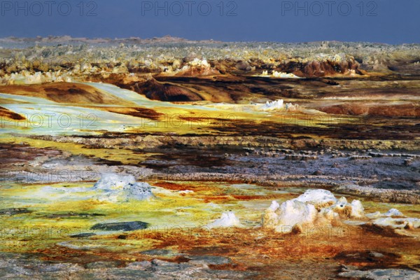 Extensive geothermal landscape in Dallol with green and yellow minerals, Dallol, Afar region, Ethiopia