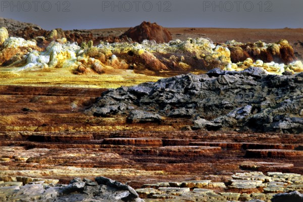Geothermal landscape in Dallol with yellow and brown minerals and lava rock, Dallol, Afar region, Ethiopia