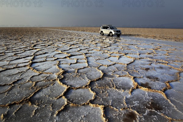 Landcruiser stands in an extensive salt desert with distinctive cracks, Dallol, Asale, Ethiopia