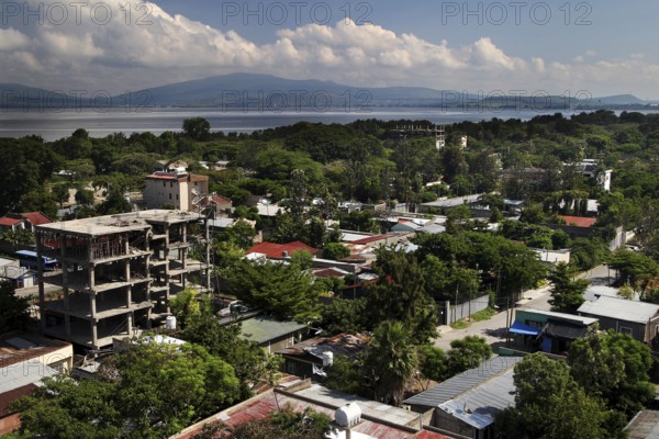 View from the hotel of the green city with lake and mountains in the background, Awassa, Ethiopia