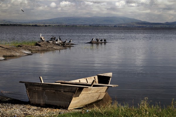 Abandoned boat on Lake Awassa with fishermen in the background, Awassa, Oromia, Ethiopia