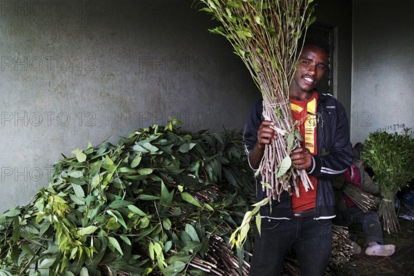 Man posing with a large bundle of khat leaves at a busy market, Awaday, Afar, Ethiopia