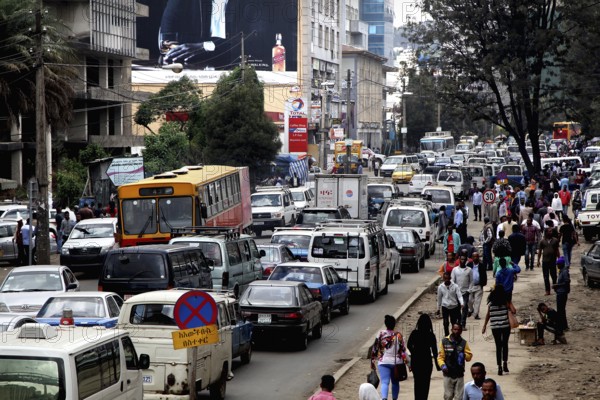 Busy roads with heavy traffic and crowds, Addis Ababa, Ethiopia