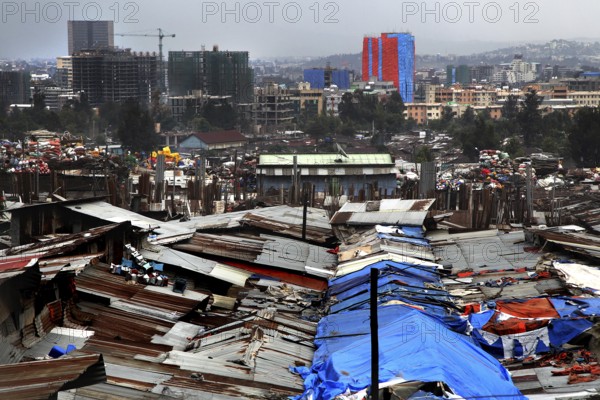Urban landscape with closed roofs and buildings in the background, Addis Ababa, Mercato, Ethiopia
