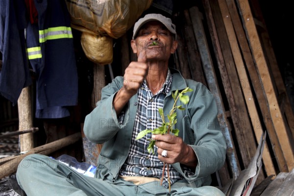 Market scene in Mercato, Addis Ababa. A man points thumbs up while offering plants, Addis Ababa, Ethiopia