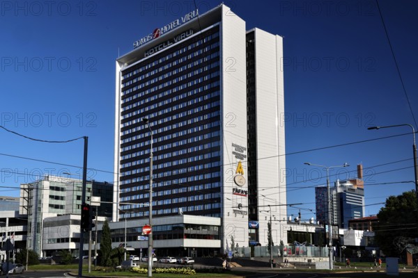 Modern high-rise hotel in Tallinn with mirrored window front, Tallinn, Harju, Estonia