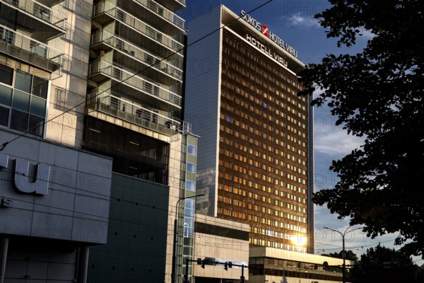 Tall modern hotel building in central Tallinn in the evening sun, Tallinn, Harju, Estonia
