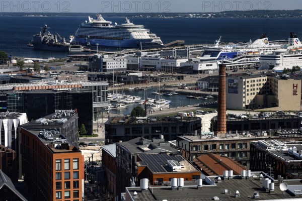View of Tallinn harbour with cruise ships and industrial buildings on the waterfront, Tallinn, Harju, Estonia