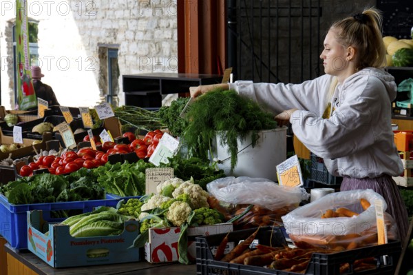 Saleswoman arranges fresh vegetables at a busy market in Tallinn, Tallinn, Harju, Estonia