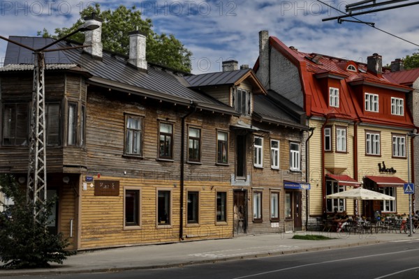 Historic wooden buildings in Kelmiküla, Tallinn, on a quiet street, Tallinn, Harju, Estonia