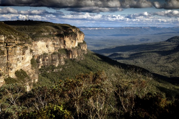 Breathtaking view of the Jamison Valley in the Blue Mountains with dramatic cliffs and dense vegetation, Blue Mountains, New South Wales, Australia