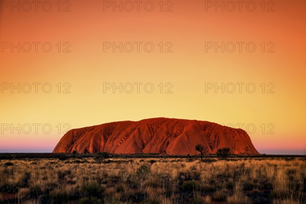 Uluru at sunset in the orange sky of the Australian outback, Uluru, Northern Territory, Australia