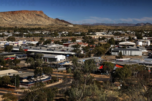 Panorama of Alice Springs with view of buildings and surrounding countryside from Anzac Hill, Alice Springs, Northern Territory, Australia