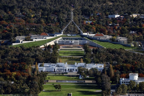 Detailed view of Parliament grounds and surrounding gardens from Mount Ainslie Lookout, Canberra, Australian Capital Territory, Australia