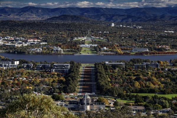 View across the river to Commonwealth Avenue and Parliament House in Canberra, Canberra, Australian Capital Territory, Australia