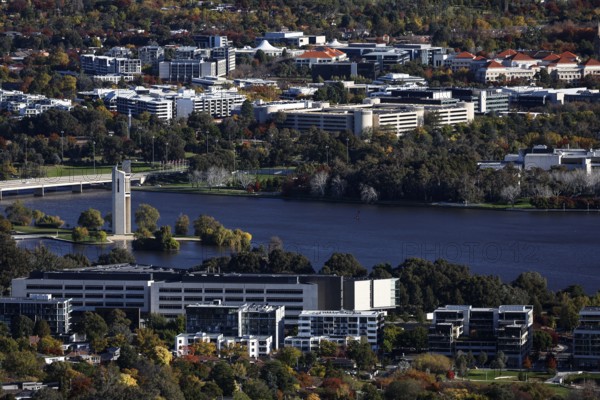 View from Mount Ainslie across the river and western suburbs of Canberra with autumn trees, Canberra, Australian Capital Territory, Australia