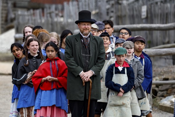 School class in period costumes with a teacher in Sovereign Hill, Ballarat, Ballarat, Victoria, Australia