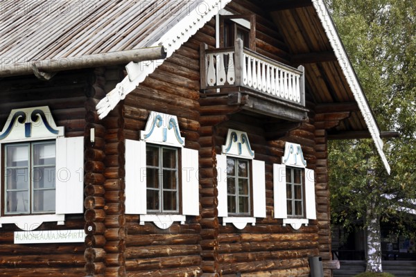 Traditional Karelian wooden house in Parppeinvaara, Ilomantsi, with classic decorations, Ilomantsi, Finland