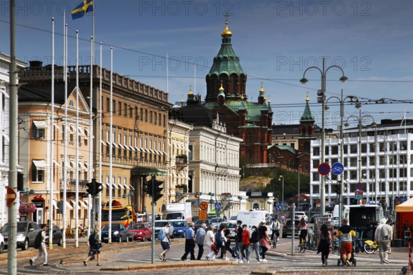 View from Kauppatori of Uspenski Cathedral along the bustling Eteläranta in Helsinki, Helsinki, Finland