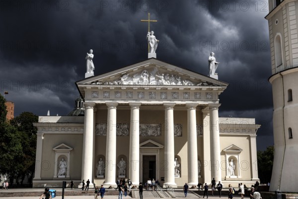 Front view of Vilnius Cathedral under dramatic sky, Vilnius, Lithuania