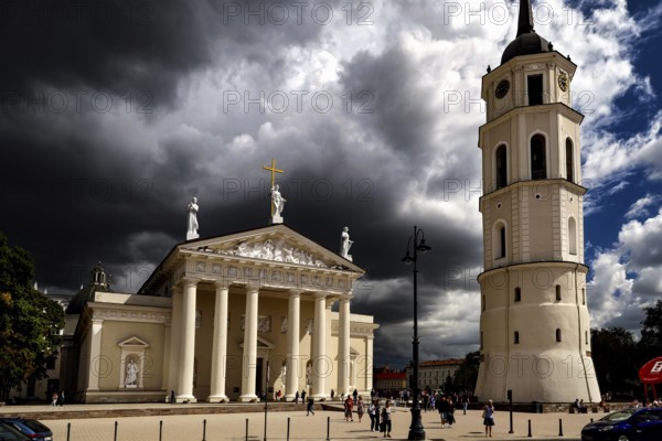 Vilnius Cathedral with an imposing bell tower under a dramatic sky, Vilnius, Lithuania