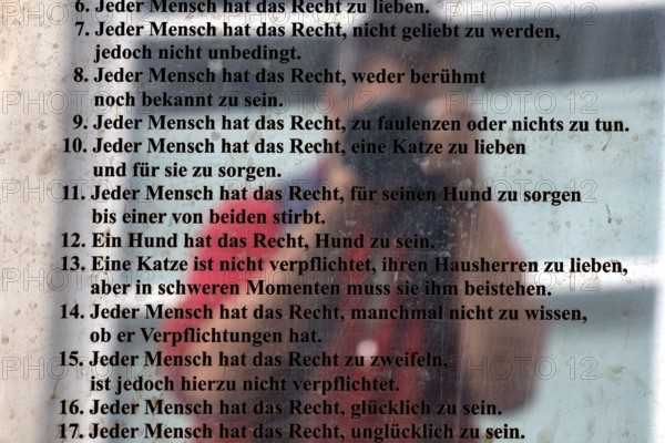 Presentation of the Constitution of Užupis on glass, reflecting in a window display, Vilnius, Užupis, Lithuania