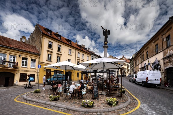 Center of Uzupis with angel statue, café and historic flair, Vilnius, Vilnius County, Lithuania