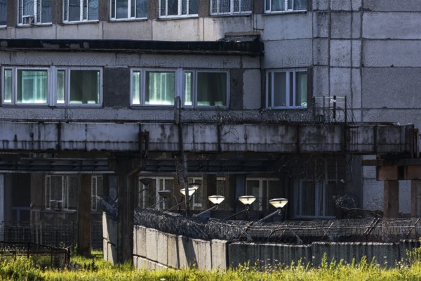 Detailed view of part of a building of a disused power plant with windows, Visaginas, Lithuania