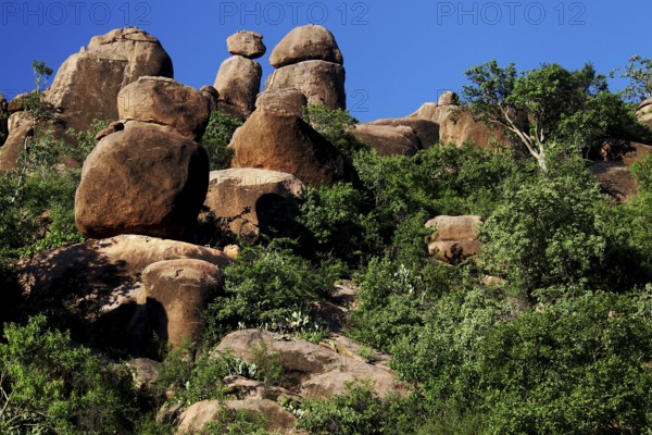Large rock formations with surrounding vegetation under a clear sky, Babile, Oromia, Ethiopia