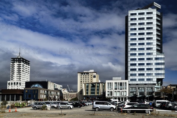 View of modern skyscrapers in Christchurch under cloudy sky, Christchurch, Canterbury, New Zealand