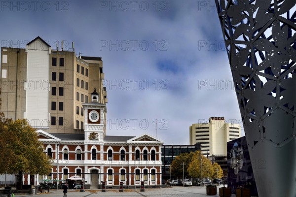 View of Cathedral Square in Christchurch with tower and modern structure, Christchurch, Canterbury, New Zealand