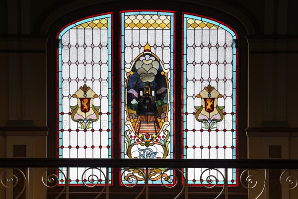 Magnificent colorful window in Dunedin train station with ornate stained glass, Dunedin, null, New Zealand