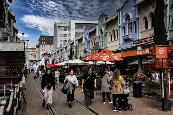 Colourful buildings and lively atmosphere on bustling New Regent Street, Christchurch, New Regent Street, New Zealand