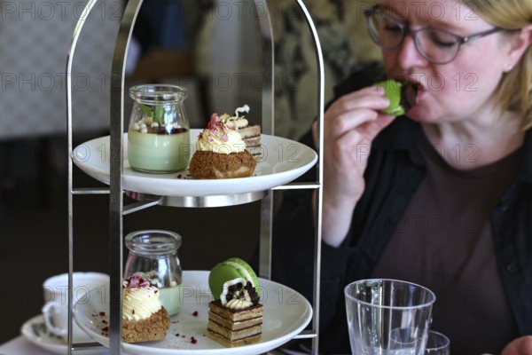 A woman enjoying high tea in Mona Vale with a selection of desserts and tea, Christchurch, Mona Vale, New Zealand