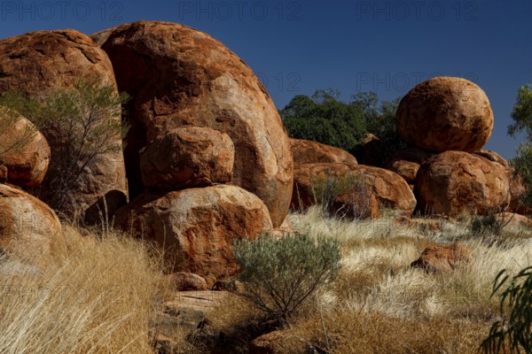 Diverse red rock formations in a sunny desert environment with natural vegetation, Devil's Marbles, Northern Territory, Australia