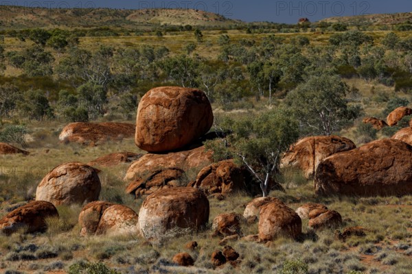 Wide landscape with scattered large rocks and shrubs in the Australian outback, zero
