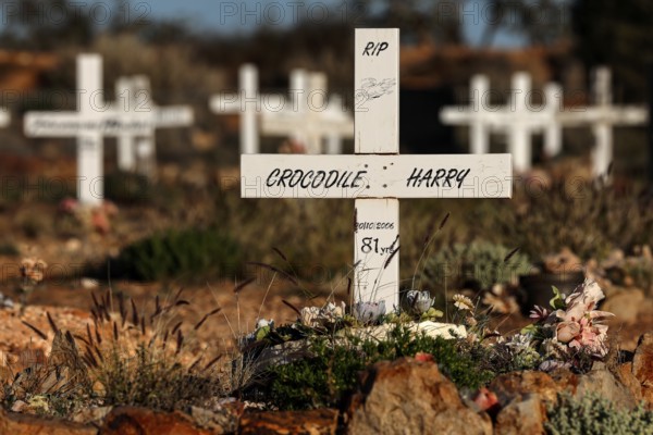 Crocodile Harry's grave at Boot Hill Cemetery in Coober Pedy, Coober Pedy, South Australia, Australia