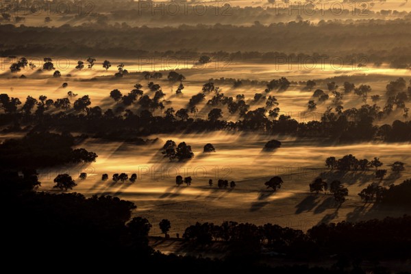 Evening landscape view of Boroka Lookout in the Grampian Mountains with illuminated fields and trees, Grampian Mountains, VIC, Australia