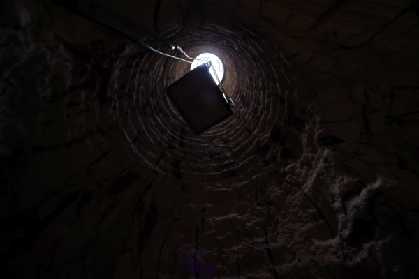 View from below of a mine shaft at Tom's Working Opal Mine in Coober Pedy, Coober Pedy, South Australia, Australia