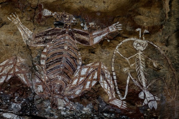 Aboriginal rock art in Nourlangie depicting complex, traditional figures, Nourlangie, Northern Territory, Australia