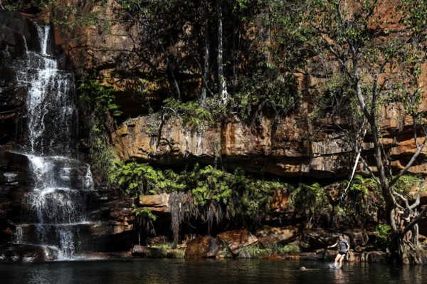 Waterfall and lush vegetation in Galvans Gorge, zero