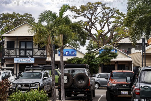 Street scene with cars and palm trees in Broome, Carnarvon Street, Broome, Australia