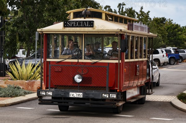 Red tourist bus on Carnarvon Street surrounded by trees, Broome, Western Australia, Australia