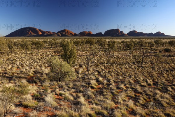 View of the Olgas from afar across an arid plain, Kata Tjuta, Northern Territory, Australia
