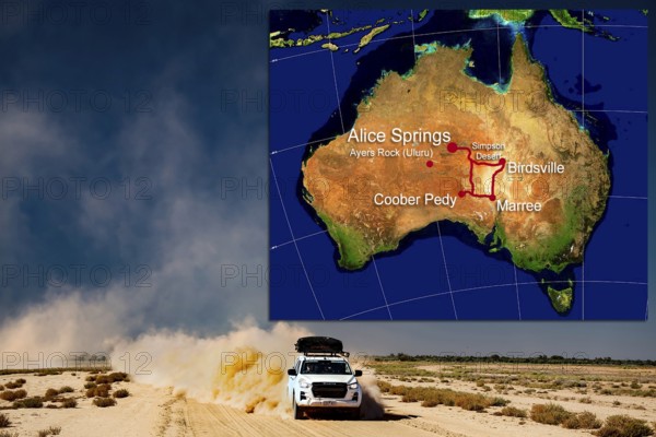 Vehicle on dusty desert road with map of Australian outback