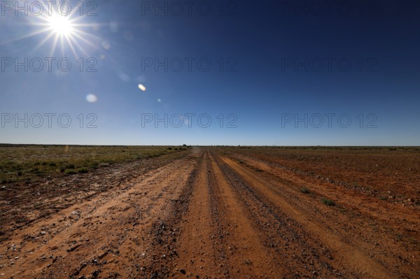 Dusty desert trail under bright sun and clear sky, Old Andado Track, Northern Territory, Australia
