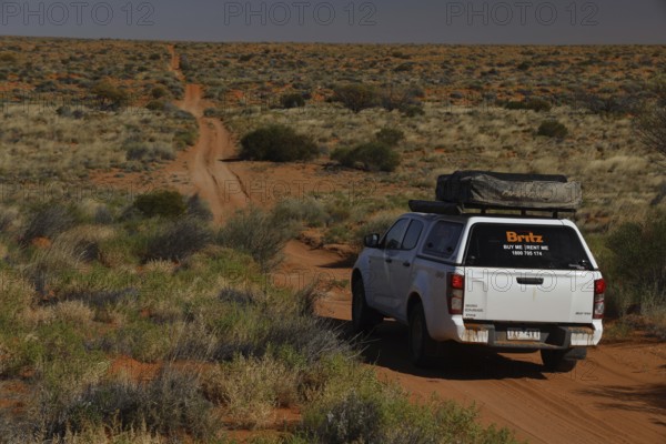 4WD vehicle drives on a dusty sandy track through the Simpson Desert, Simpson Desert, Australia