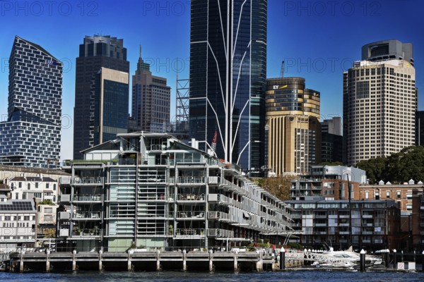 Modern buildings and skyscrapers at Walsh Bay in Sydney right on the waterfront, Sydney, NSW, Australia